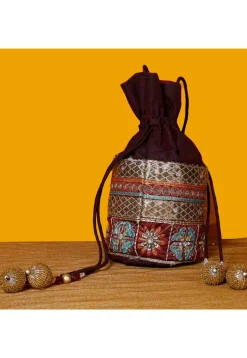 Embroidered Cotton Slub Potli Bag in Brown