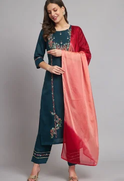 Embroidered Cotton Slub Pakistani Suit in Teal Blue
