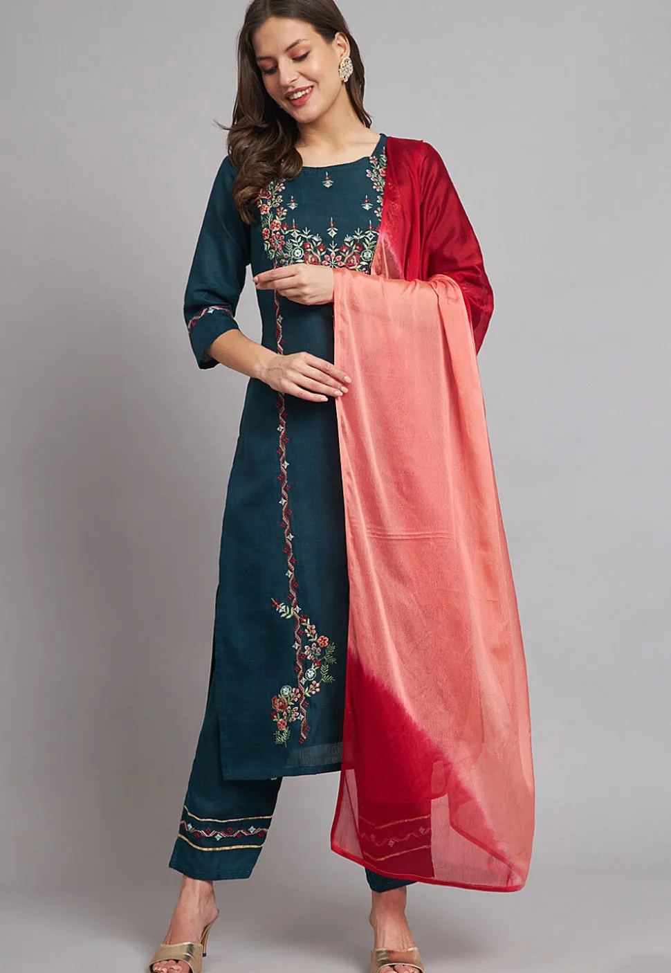 Embroidered Cotton Slub Pakistani Suit in Teal Blue