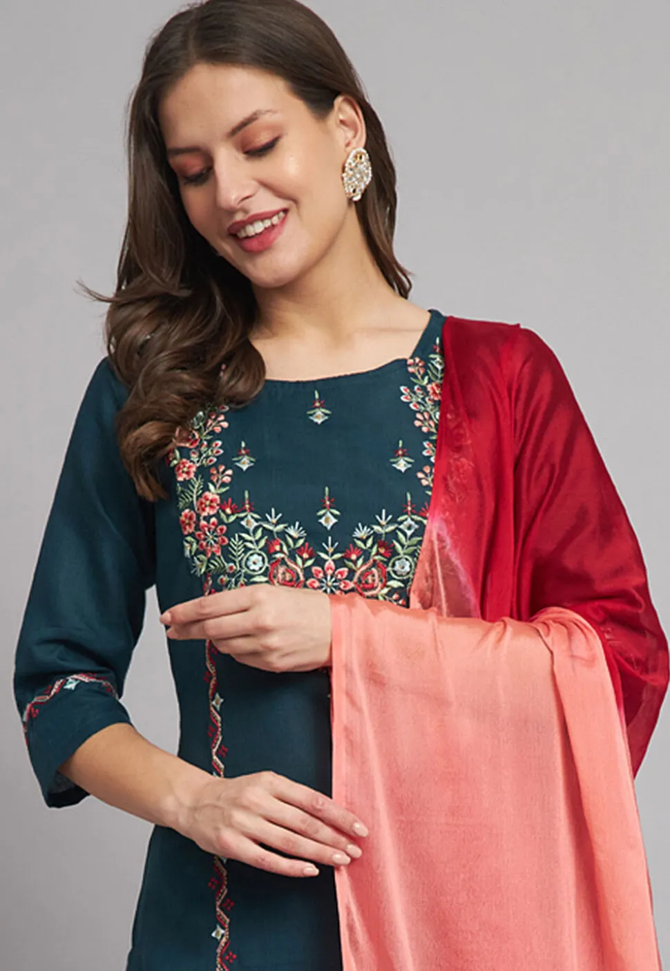 Embroidered Cotton Slub Pakistani Suit in Teal Blue