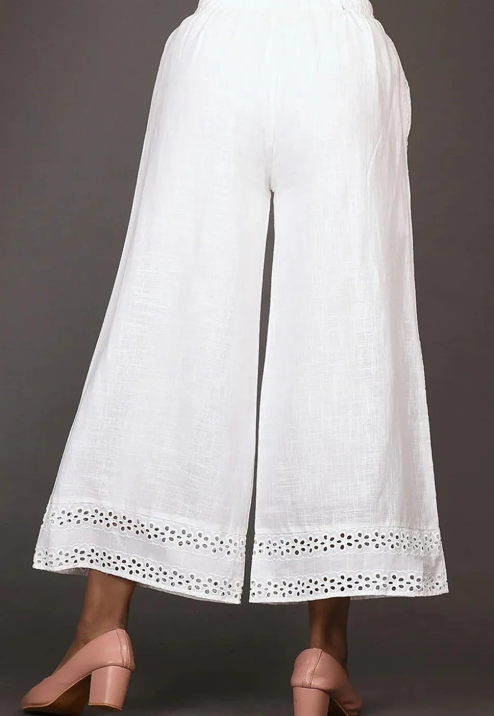 Embroidered Cotton Slub Palazzo in White