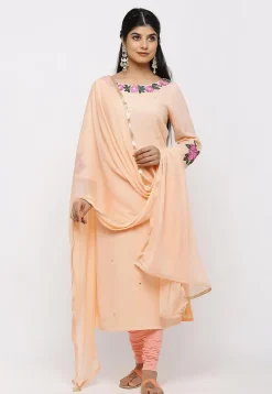 Embroidered Cotton Slub Straight Suit in Peach