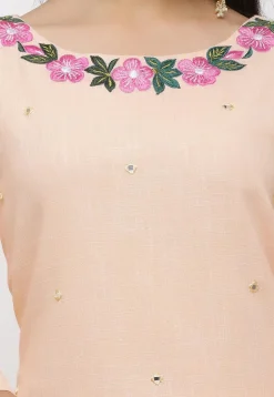 Embroidered Cotton Slub Straight Suit in Peach