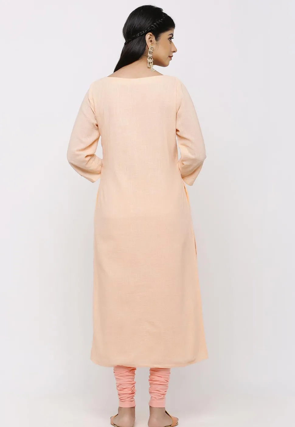 Embroidered Cotton Slub Straight Suit in Peach