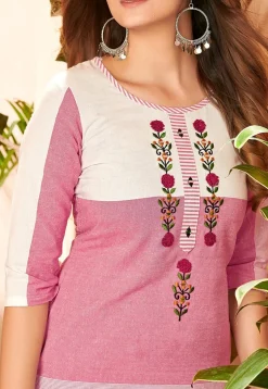 Embroidered Cotton Slub Straight Kurta in Pink and White