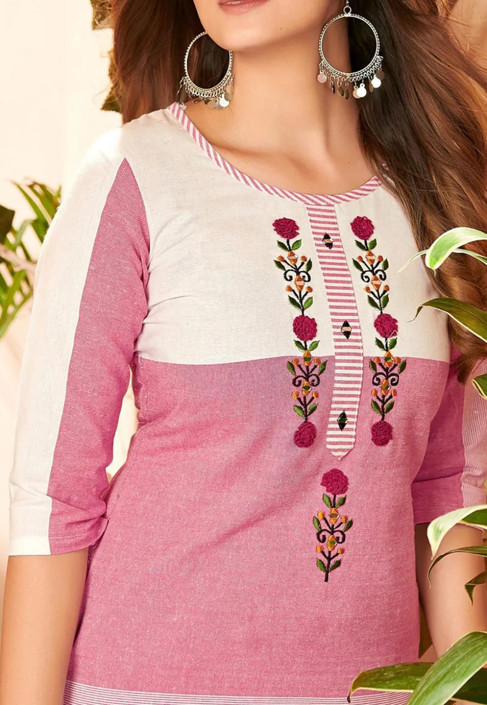 Embroidered Cotton Slub Straight Kurta in Pink and White