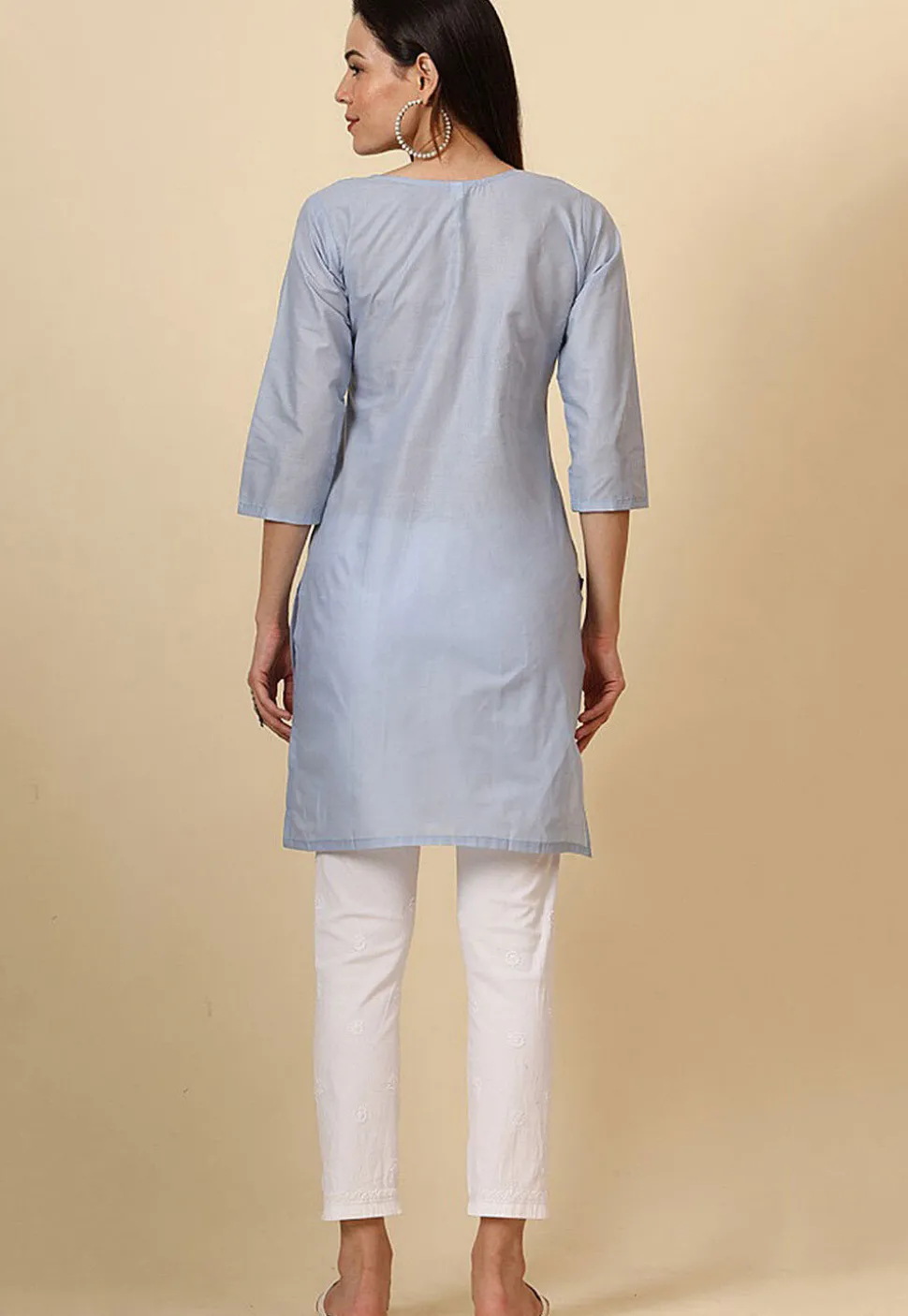 Embroidered Cotton Straight Kurti in Grey