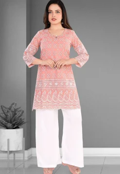 Embroidered Cotton Straight Kurta Set in Peach