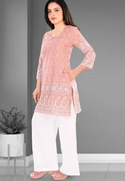 Embroidered Cotton Straight Kurta Set in Peach