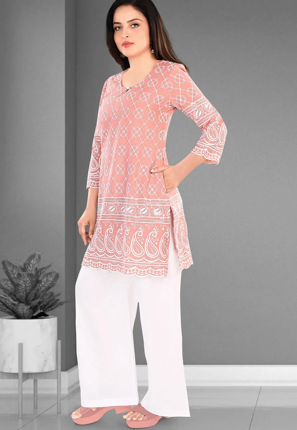 Embroidered Cotton Straight Kurta Set in Peach