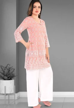 Embroidered Cotton Straight Kurta Set in Peach