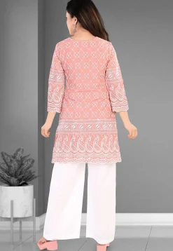 Embroidered Cotton Straight Kurta Set in Peach