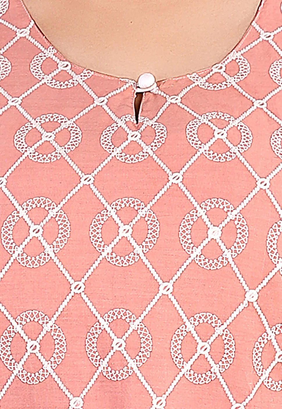 Embroidered Cotton Straight Kurta Set in Peach