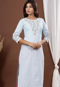 Embroidered Cotton Straight Kurta in Sky Blue