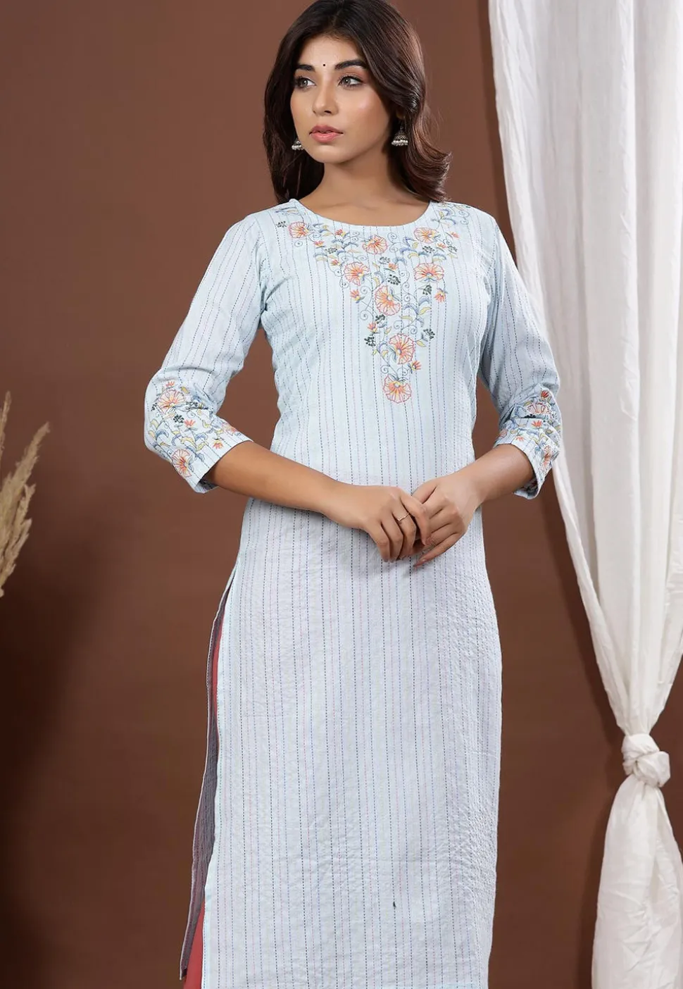 Embroidered Cotton Straight Kurta in Sky Blue