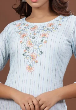 Embroidered Cotton Straight Kurta in Sky Blue