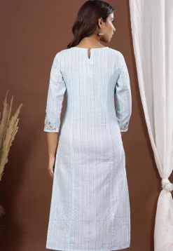 Embroidered Cotton Straight Kurta in Sky Blue