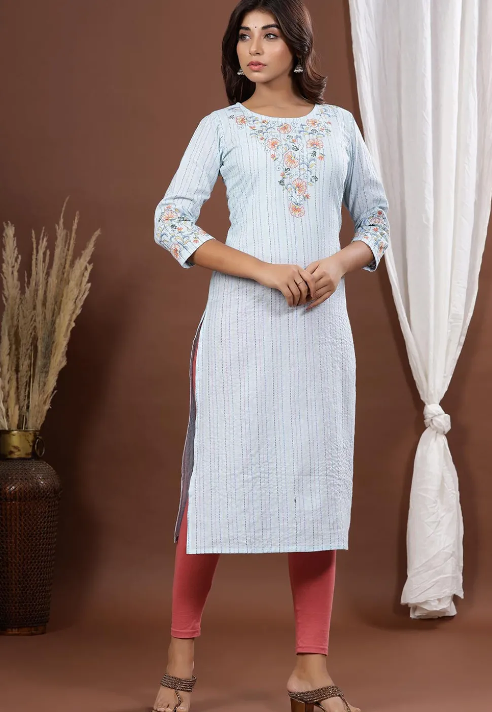 Embroidered Cotton Straight Kurta in Sky Blue
