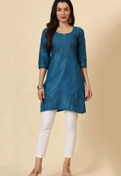 Embroidered Cotton Straight Kurti in Teal Blue