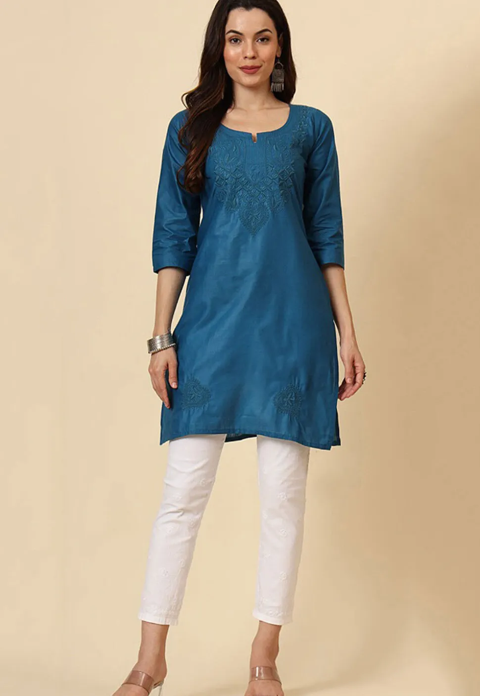 Embroidered Cotton Straight Kurti in Teal Blue