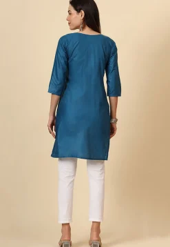 Embroidered Cotton Straight Kurti in Teal Blue