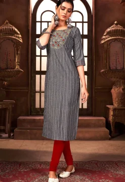 Embroidered Cotton Straight Kurta in Grey