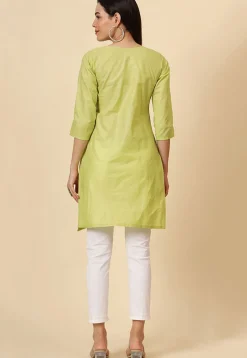 Embroidered Cotton Straight Kurti in Light Green