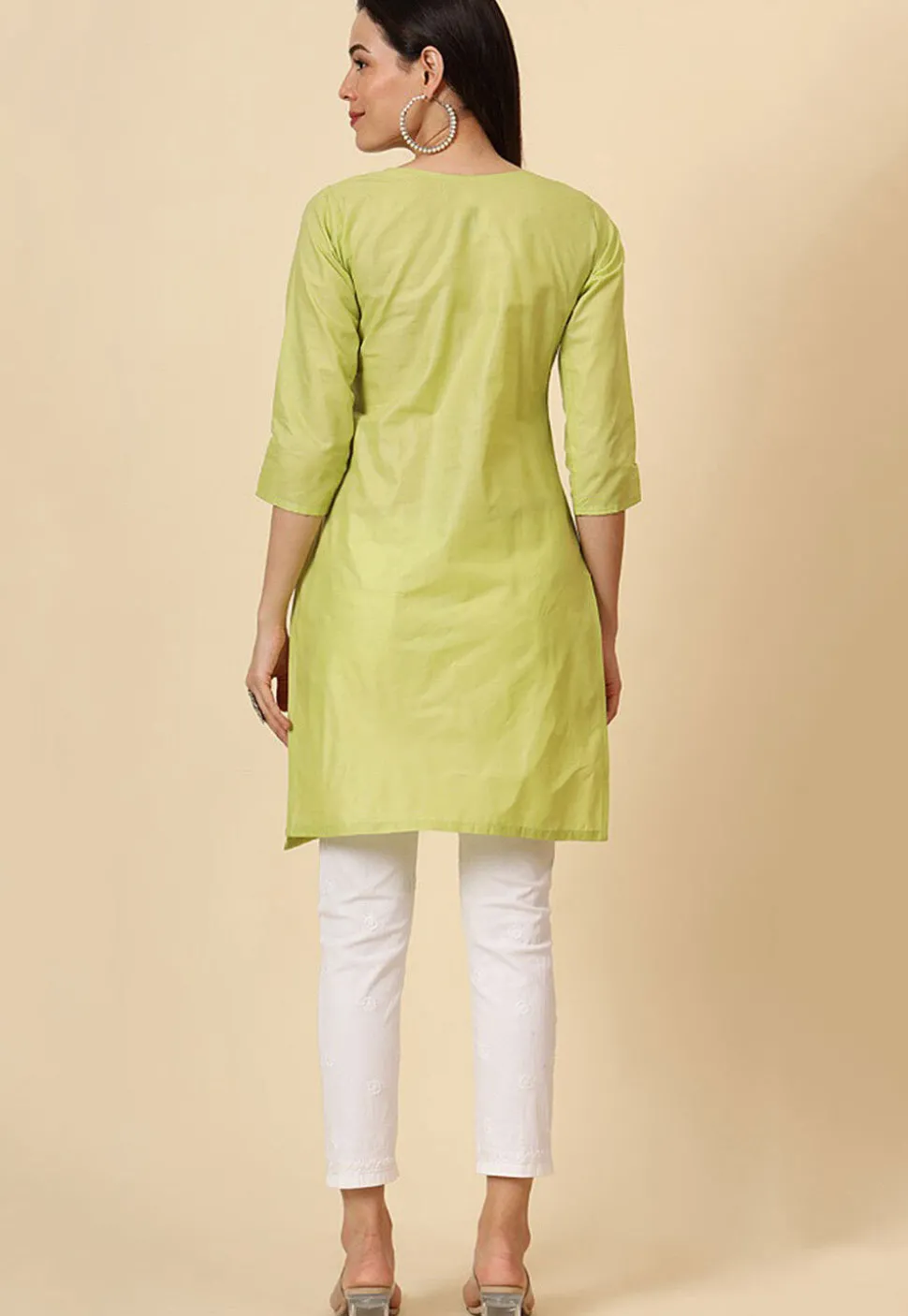 Embroidered Cotton Straight Kurti in Light Green