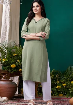 Embroidered Cotton Straight Kurta Set in Dusty Green
