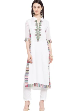Embroidered Cotton Straight Kurta in Off White