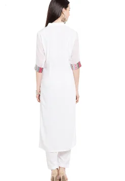 Embroidered Cotton Straight Kurta in Off White