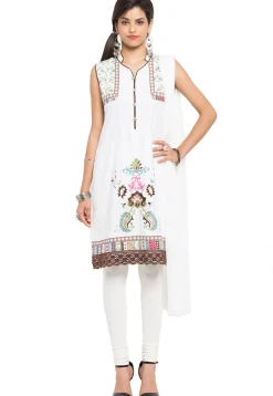 Embroidered Cotton Straight Suit in Off White