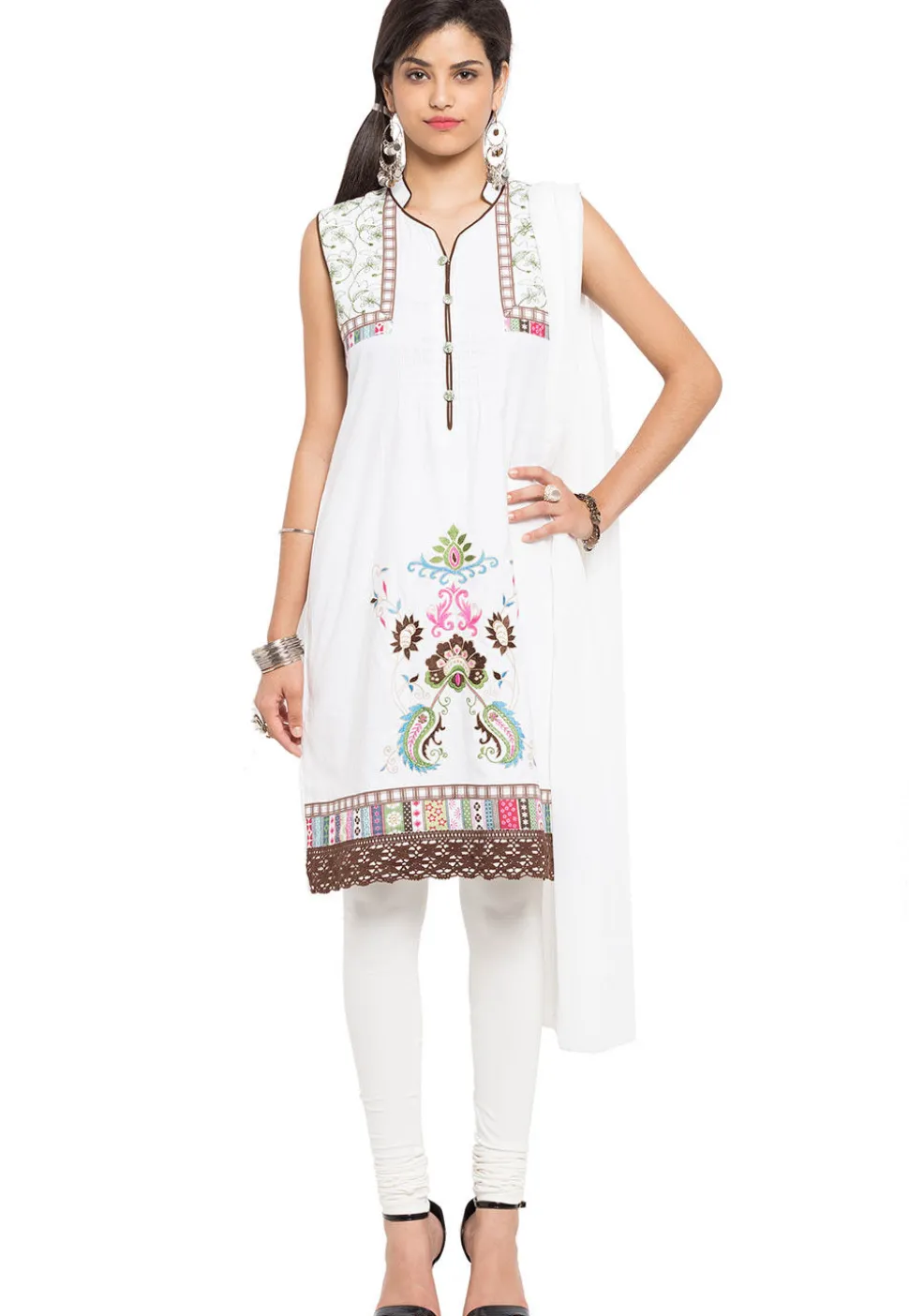 Embroidered Cotton Straight Suit in Off White