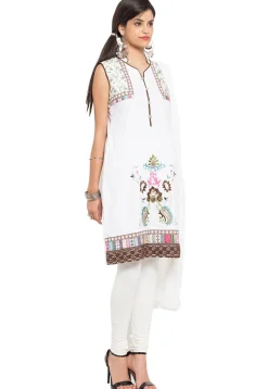 Embroidered Cotton Straight Suit in Off White