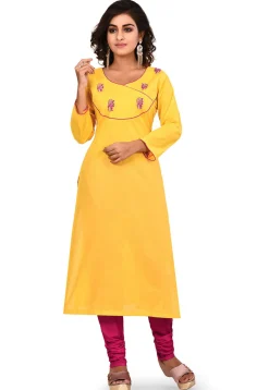Embroidered Cotton Straight Kurta Set in Yellow