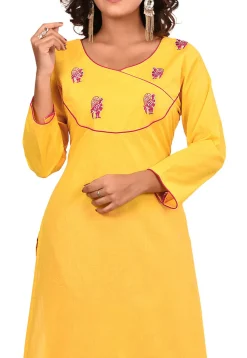 Embroidered Cotton Straight Kurta Set in Yellow