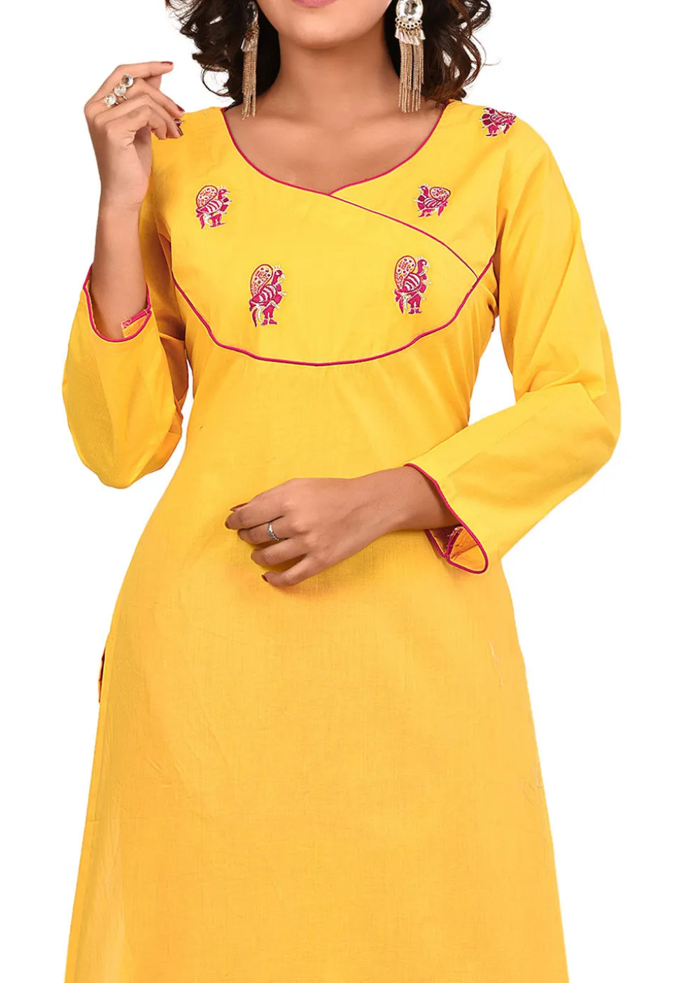 Embroidered Cotton Straight Kurta Set in Yellow