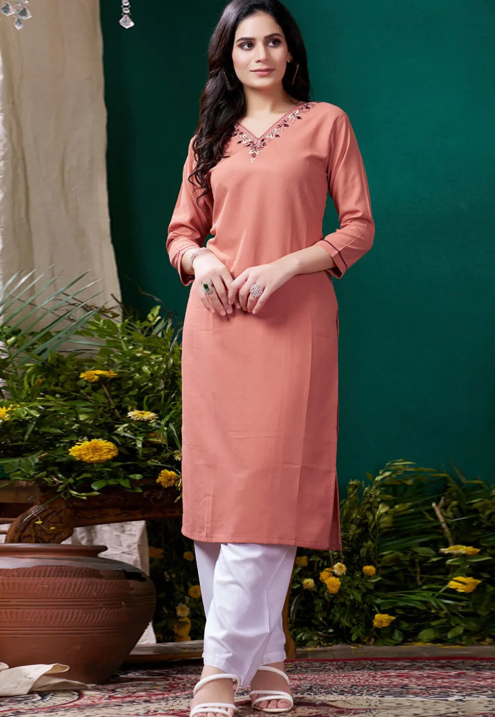 Embroidered Cotton Straight Kurta Set in Orange
