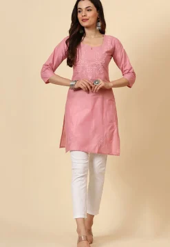 Embroidered Cotton Straight Kurti in Pink