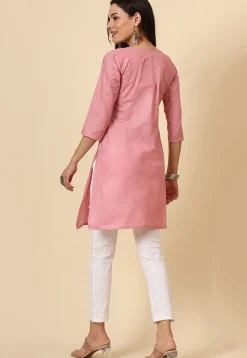 Embroidered Cotton Straight Kurti in Pink