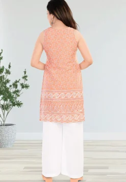 Embroidered Cotton Straight Kurta Set in Peach