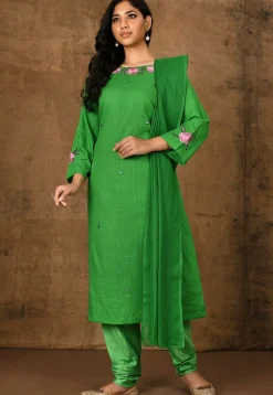 Embroidered Cotton Straight Suit in Green