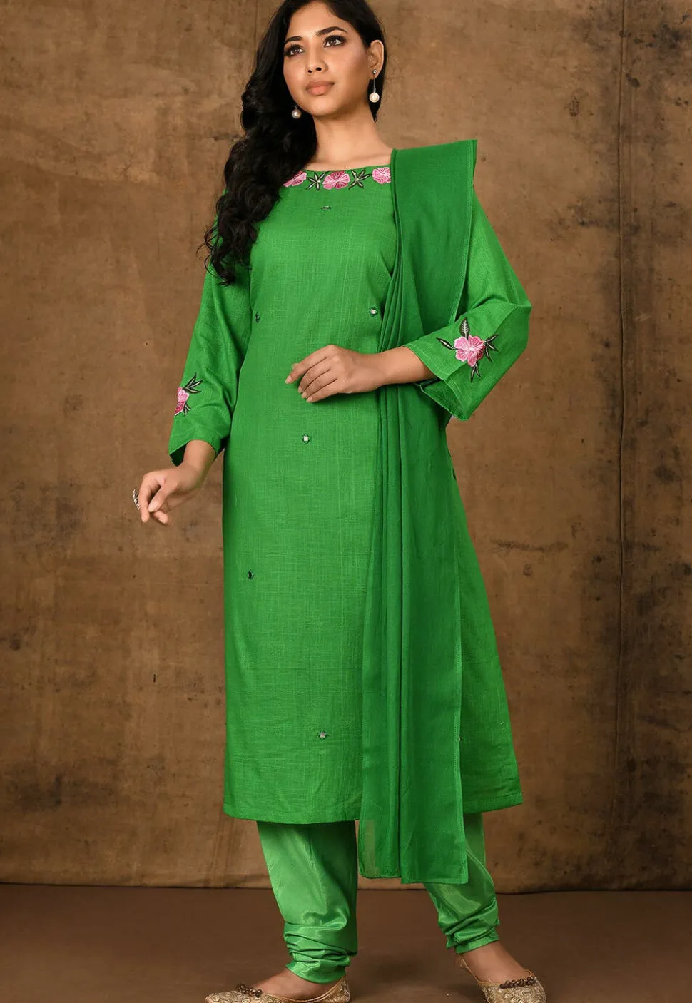 Embroidered Cotton Straight Suit in Green