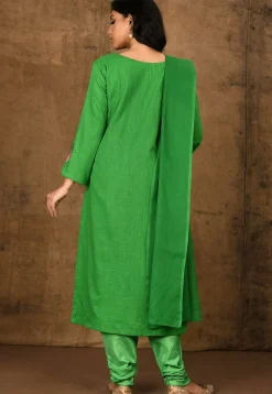 Embroidered Cotton Straight Suit in Green