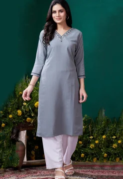Embroidered Cotton Straight Kurta Set in Grey