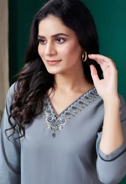 Embroidered Cotton Straight Kurta Set in Grey