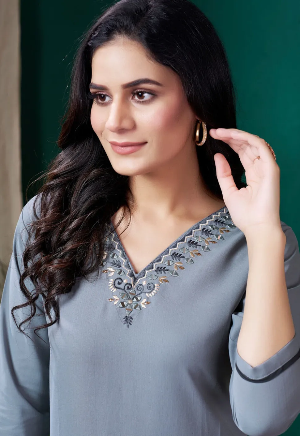 Embroidered Cotton Straight Kurta Set in Grey