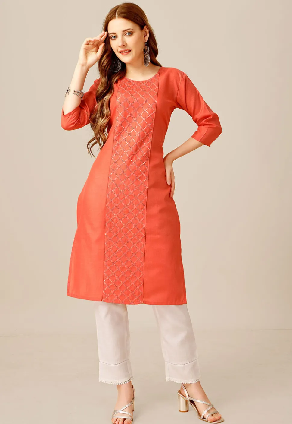 Embroidered Cotton Straight Kurta Set in Orange