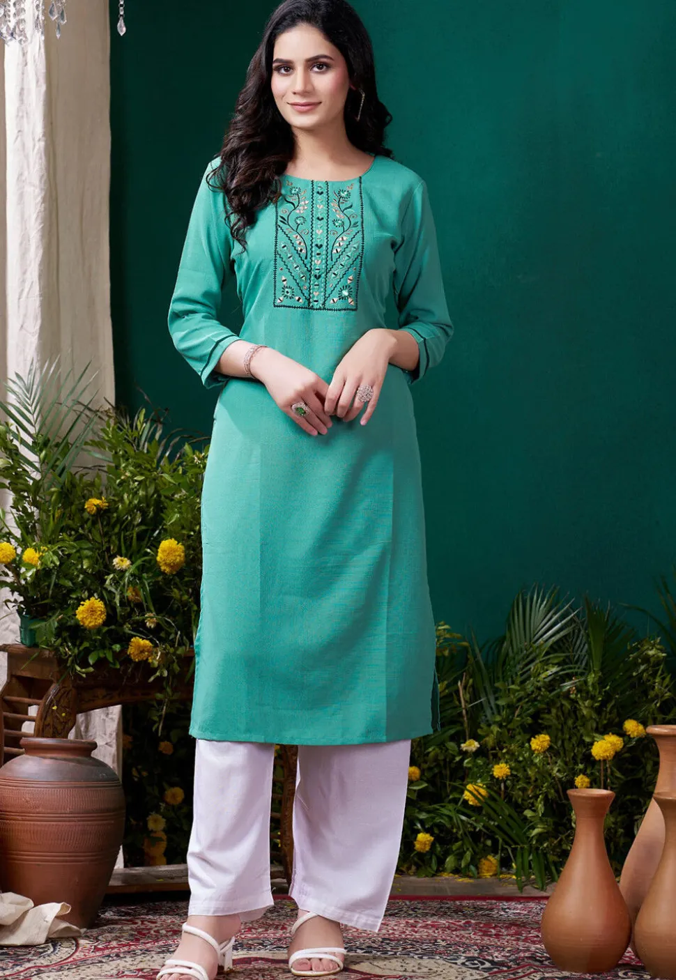 Embroidered Cotton Straight Kurta Set in Teal Green
