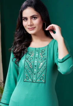 Embroidered Cotton Straight Kurta Set in Teal Green